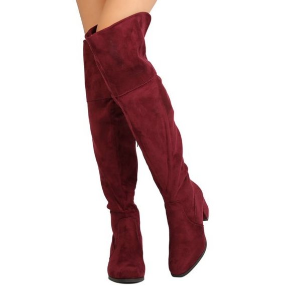 Refresh Shoes - Refresh Almond Toe Vegan Suede Chunky Heel Burgundy Over The Knee Boots